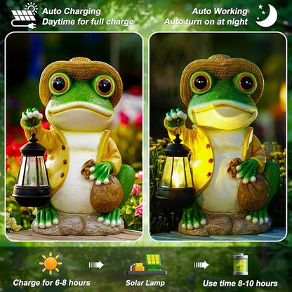 Large Frog Garden Statue, 13.3 Inches Tall, Resin Frog Decor with Solar Lantern for Outdoor Decoration and Housewarming