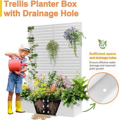 71"x47"x16" Metal Planter Box with Trellis Raised Garden Bed with Trellis, Trellis with Planter Box & Privacy Screen, Metal Planter Box for Climbing Plants, Vegetable, Vines(White, Louvered)