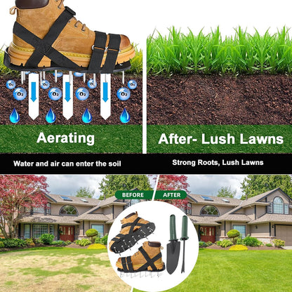 Lawn Aerator Shoes, Spike Shoes for Self Levelling Floor, Heavy Duty Long Spiked Aerating Sandals for Yard Patio Garden Grass Lawn, with Gardening Gloves/ Stainless Steel Shovels Clearing Away Debris