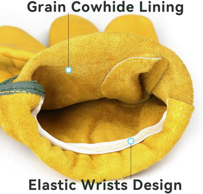 OZERO Leather Work Gloves Flex Grip Tough Cowhide Gardening Glove for Wood Cutting/Construction/Truck Driving/Garden/Yard Working for Men and Women 1 Pair (Gold,Small)