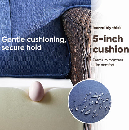 4-piece rotating balcony chair set with 31-inch T-shaped wide backrest - rattan outdoor rotating balcony chairs, wide backrest comfortable outdoor sliding chair - Brown Rattan | Blue Cushions