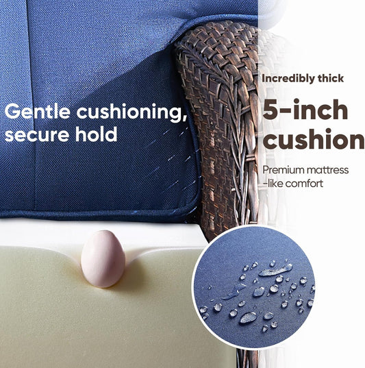 5-Piece Rotating Balcony Chair Set with 31-inch T-Shaped Wide backrest - Rattan Outdoor Rotating Balcony Chairs, Wide backrest Comfortable Outdoor Sliding Chair - Brown | Blue