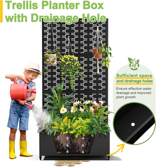 FENCY Metal Raised Garden Bed with Wheels and Trellis,73"x35"x16" Planter Box for Climbing Plants, Vegetables & Vines, Features Privacy Screen and Drainage Holes (Black-Brick)