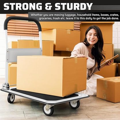 Heavy Duty Foldable Push Cart Dolly | 330 lbs. Capacity | Upgraded Collapsible Hand Truck Folding Platform with Swivel Wheels | Flat Bed Moving Wagon | Space Saving Push Handle (White)