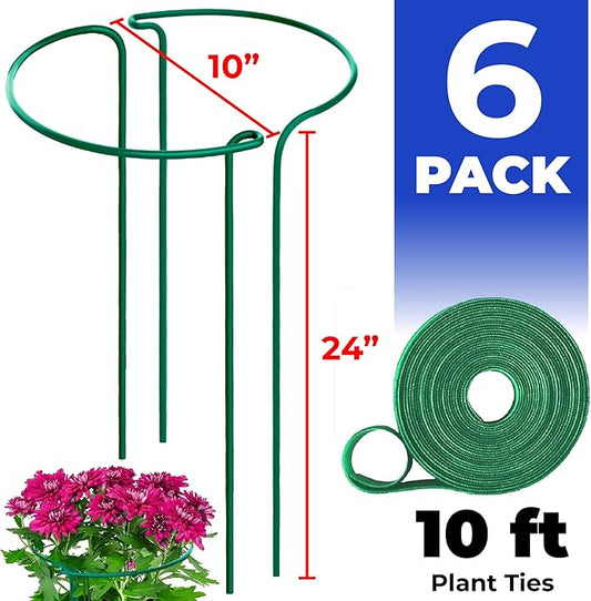 K-Brands Tall Plant Support Stakes – 10"W x 24"H Half Round Peony Cages and Supports for Indoor and Outdoor Plants – Plant Cage Ring Support for Flower - Peony, Tomato, Hydrangea, Rose Bush (6 Pack)