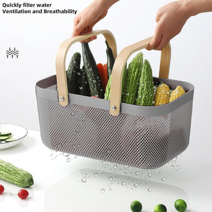 3pcs plastic harvest baskets, foldable wooden handles, rectangular garden storage baskets, for picking and collecting vegetables and fruits in the garden cabinet (Gray)