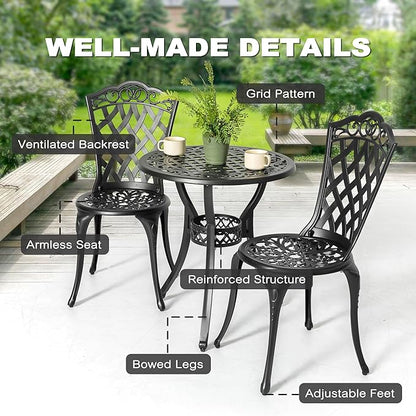 NUU GARDEN 3-Piece Patio Bistro Set Outdoor Cast Aluminum Bistro Table and Chairs Set of 2, Outdoor Patio Bistro Set with Umbrella Hole for Patio Balcony, Black