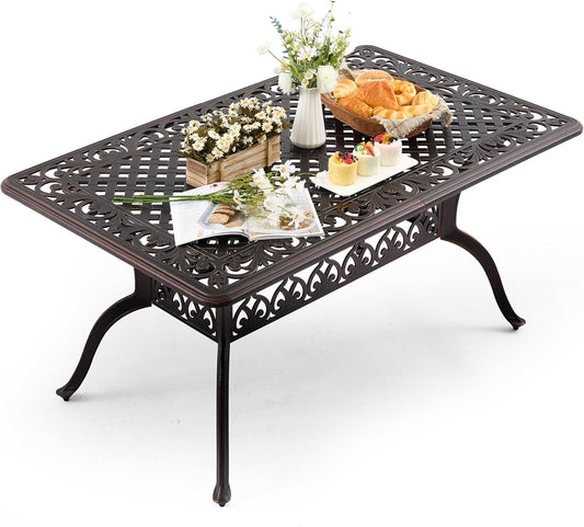 59” Patio Outdoor Dining Table for 6, Cast Aluminum Rectangle Patio Dining Table Weather Resistant with 2" Umbrella Hole for Patio Deck Garden (Copper, 59" Classic Table)