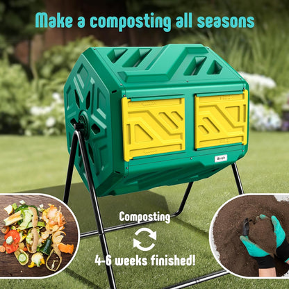 Compost Bin, Outdoor Composter, Fast Assembly 43 Gallon Dual Chamber Outdoor Compost Tumbler, Heavy Duty Tumbling Rotating Composter for Patio, Garden,Yard, Green, Easy Setup, Gloves Included