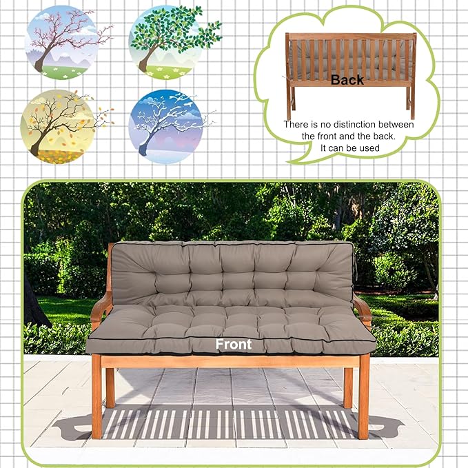 Swing Replacement Cushions with Backrest, 2 or 3 Seater Waterproof Non-Slip Overstuffed Swing Pad, Indoor/Outdoor Bench Cushion for Porch Chair Swings Garden Furniture (Khaki, 40 * 55 in)
