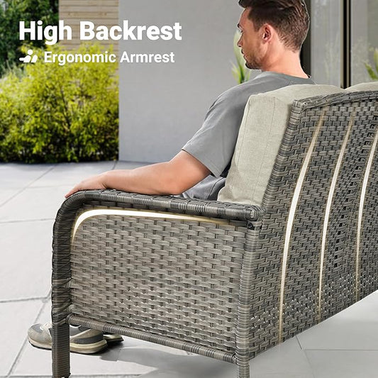 ovios 4 Pieces Patio Furniture Set with 30" Fire Pit Table, Outdoor Wicker Chairs of 4, All Weather High Back Rattan Chairs 4-Seater with Comfy Cushions, Beige