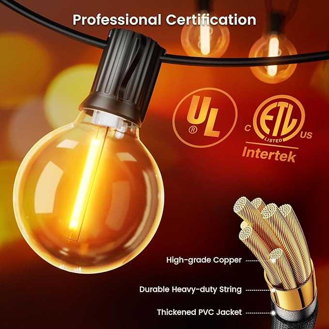 OHLUX Outdoor String Lights,110FT Dimmable Patio Lights with 58 G40 Shatterproof 2200K LED Edison Bulbs(2 Spare),Waterproof Hanging for Outside Backyard,Cafe,Porch,Deck,Porch
