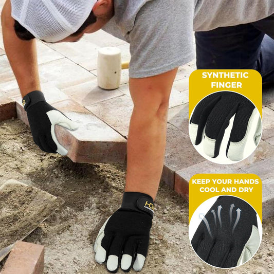 HLDD HANDLANDY Leather Work Gloves for Men & Women, Adjustable Wrist Cowhide Gardening Glove with Reinforced Palm for Driver