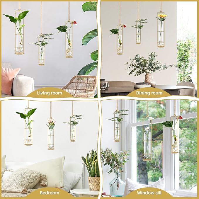 MIPON Plant Propagation Stations,Hanging Glass Propagation Test Tube Vases for Plants with Gold Metal Stand for Hydroponic Cutting Home Garden Office Decor-Gold