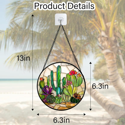 Stained Glass Window Hanging, White Green Cactus Suncatcher Diamond Glass Panel Hangings Sun Catchers Decor for Birthday for Women, Men, Wife, Aunt, and Mom 6.3 in
