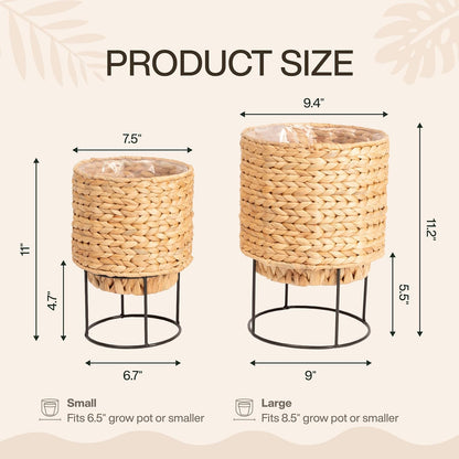 Set of 2 Water Hyacinth Planter Pot with Metal Stand - Indoor Plant, Flower, Succulent, Basket Planter, Decorative Pot Cover (Classic)