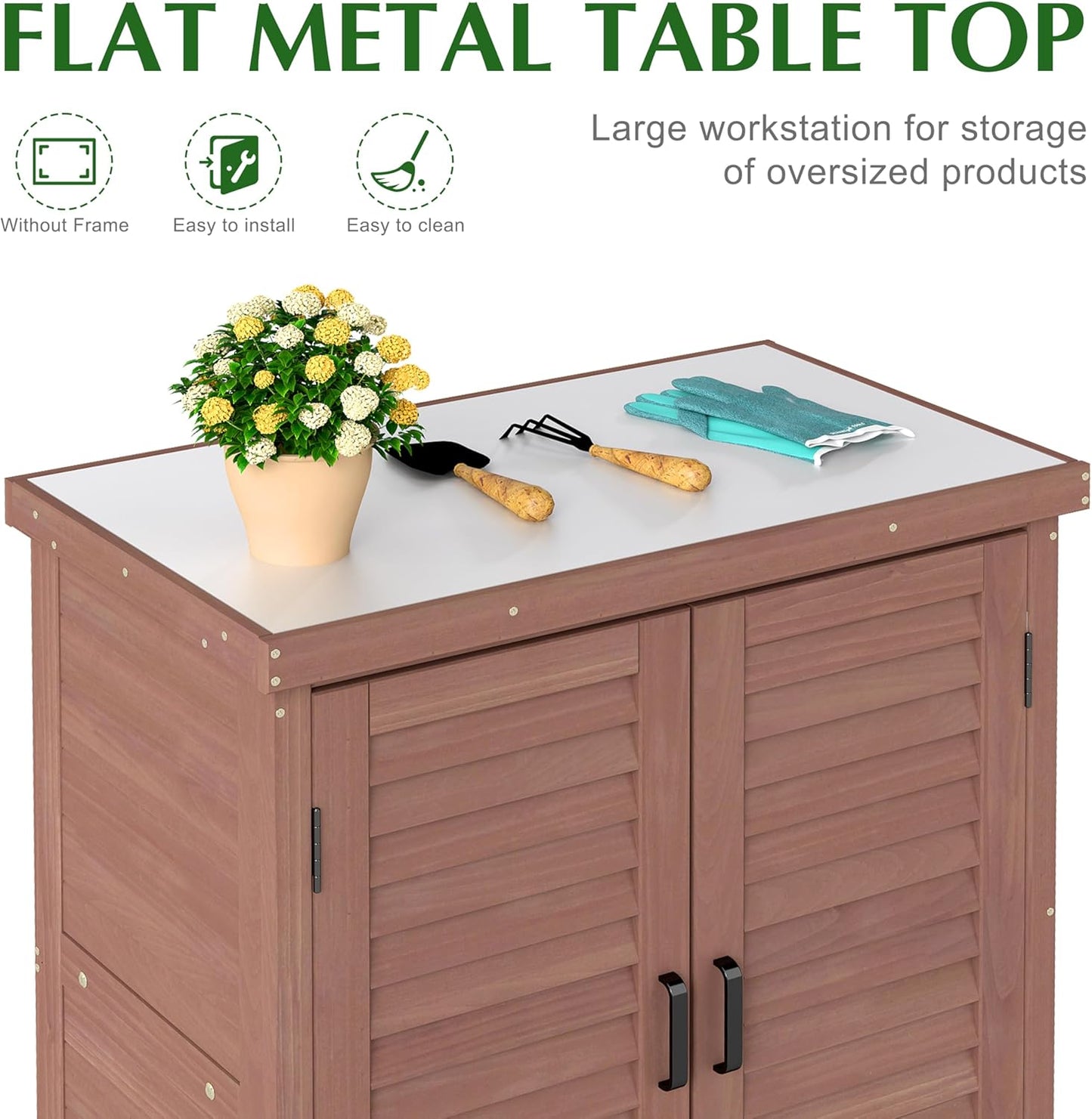 Outdoor Storage Cabinet & Potting Bench Table with Metal Top, Wooden Patio Furniture, Garden Workstation (Dark Brown, 36x31x17in)