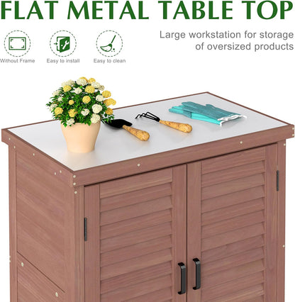 Outdoor Storage Cabinet & Potting Bench Table with Metal Top, Wooden Patio Furniture, Garden Workstation (Dark Brown, 36x31x17in)