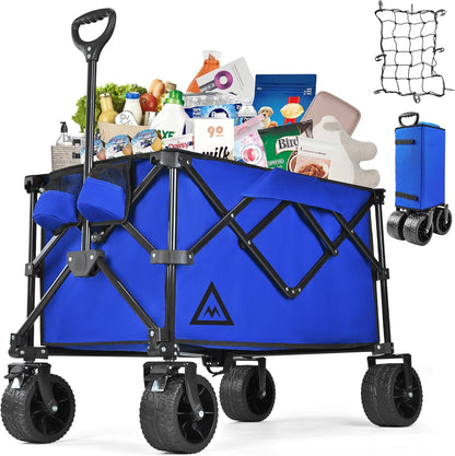 Wagon Cart Shopping Foldable Folding Collapsible with Wheels Big On Beach Garden Outdoor Grocery Heavy Duty Utility All Terrain Portable Wagons Carts for Groceries Sand Camping Sports Blue