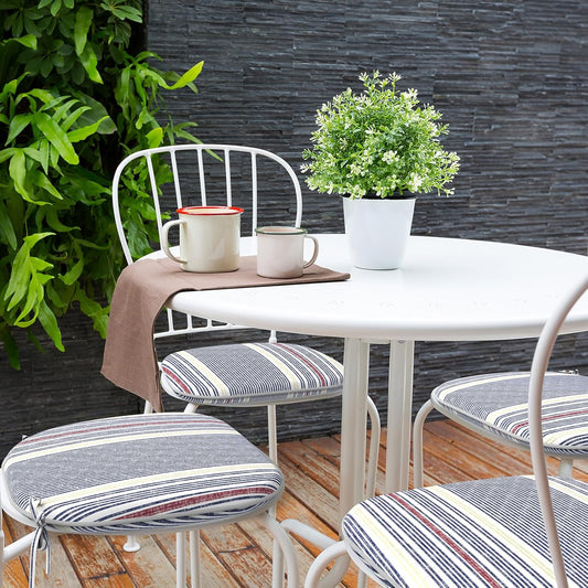 Indoor/Outdoor Chair Cushions 16x17 Inch, Patio Chair Cushions with Ties, All Weather Seat Cushions for Patio Furniture Home Garden Chair Use, Set of 4, Stripe Denim Blue