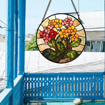 Stained Glass Window Hanging, Yellow Red Flowers Sun Catcher for Window Door Home Decor Green Plant Suncatcher Christmas Mother's Day Birthday Gifts for Women Men Mom and Nana 9.8 in