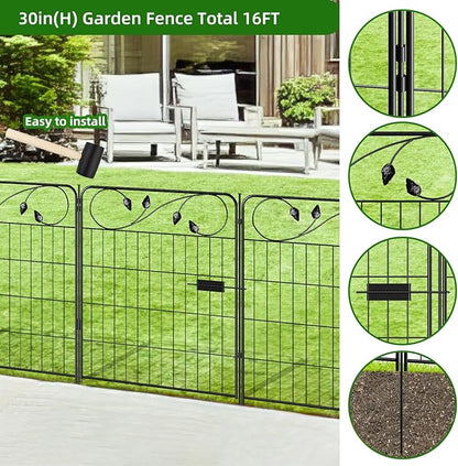 Decorative Metal Garden Fence 30in(H) X16ft(L) 1 gate+7 Panels Temporary Dog Fence Border for Landscape Patio Outdoor with gate, No dig Garden Fencing Gates for Yard