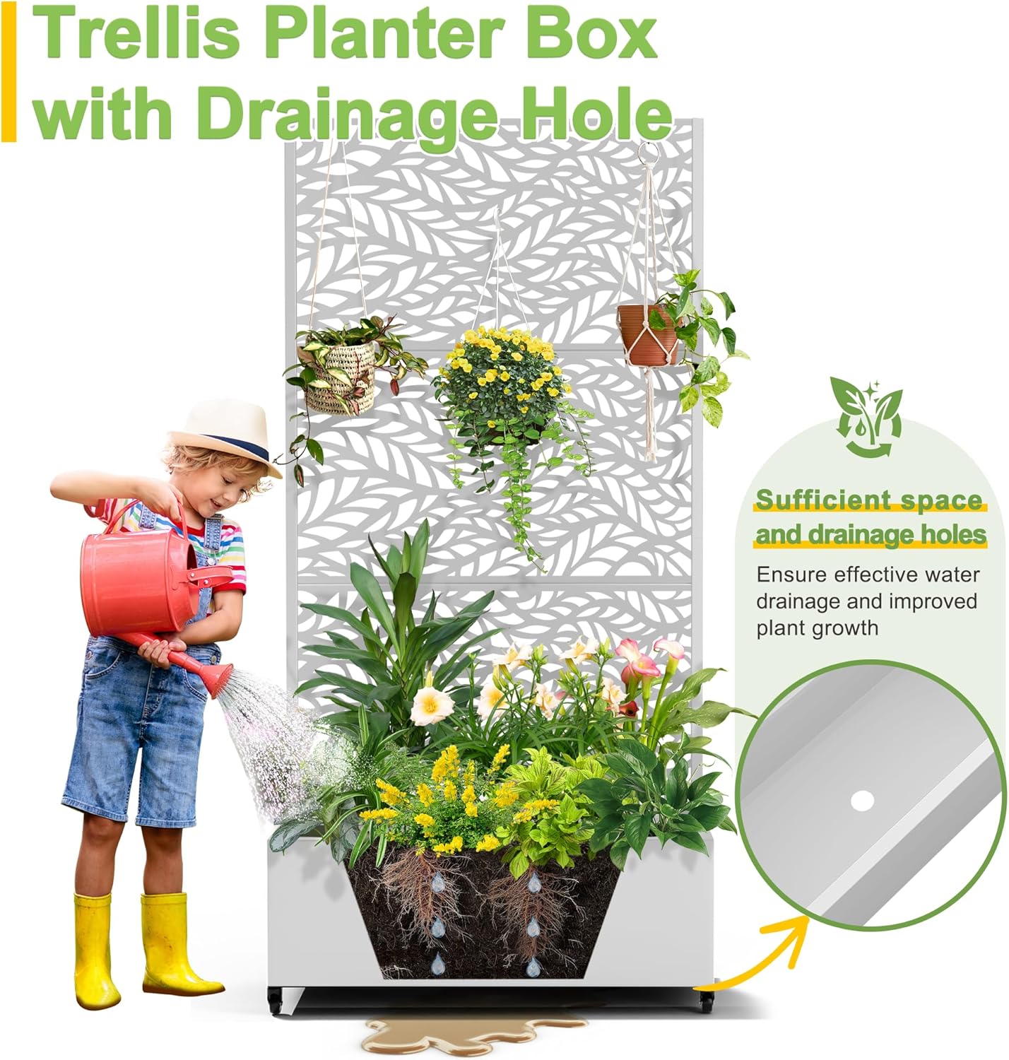 FENCY Metal Raised Garden Bed with Wheels and Trellis,73"x35"x16" Planter Box for Climbing Plants, Vegetables & Vines, Features Privacy Screen and Drainage Holes (White-Leaf)