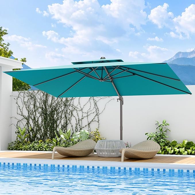 10x13 FT Patio Umbrella, Large Cantilever Rectangular Double Top Heavy Duty Offset Umbrellas with 360° Rotation, Outdoor shade for Garden Deck Pool Patio, Turquoise
