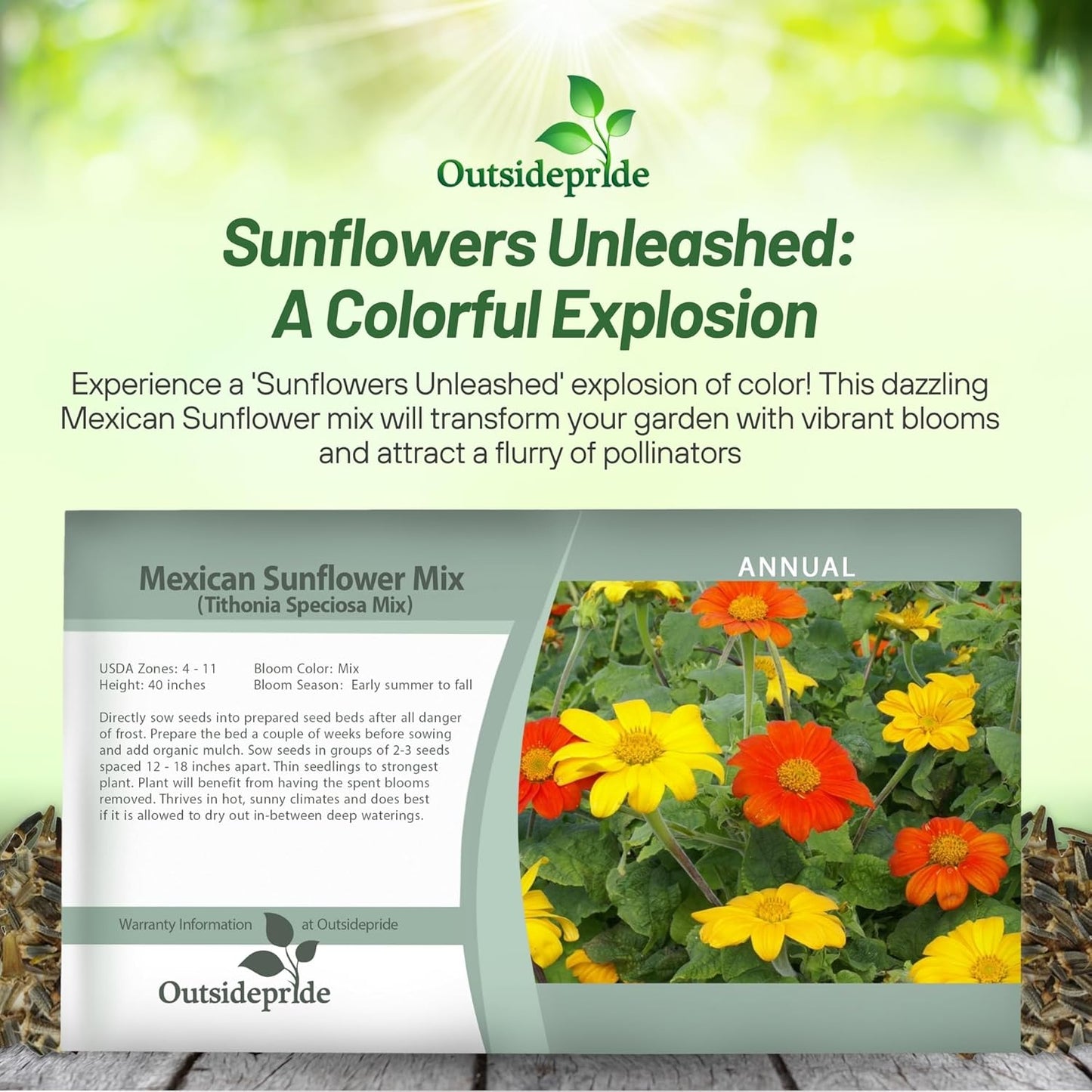 Outsidepride Mexican Sunflower Seeds Mix - 1000 Pcs Annual, Easy-to-Grow, Mixed Tithonia Speciosa Flower Seeds w/Drought-Tolerant Blooms for Pollinator Gardens & Vibrant Summer Landscaping
