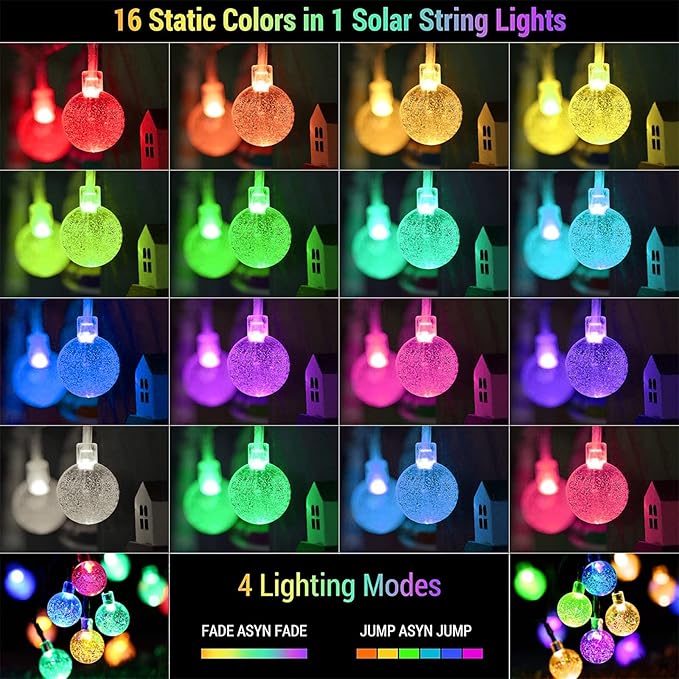XEWEA Solar String Lights Outdoor 16 Colors 66 LED 39Ft Waterproof Outdoor String Lights with 20 Modes Remote Solar Powered Crystal Globe Lights for Garden Home Party Christmas Decorations