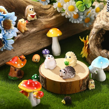 Woanger 30 Pcs Fairy Outdoor Garden Accessories Resin Mini Hedgehog Mushroom Miniature Figurines Garden Tiny Animals Figurines for House Terrarium Plant Bonsai Craft Decor(Vivid)