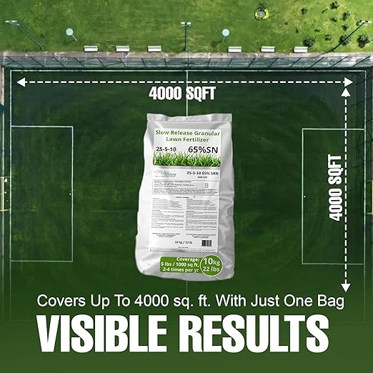 Slow Release Lawn Fertilizer 25-5-10 NPK - 65% Granular Nitrogen Formula for Deep Feeding up to 110 Days - 20kg (44lbs) Bag - Kid & Pet Safe Lawn Care for Lush Green Grass