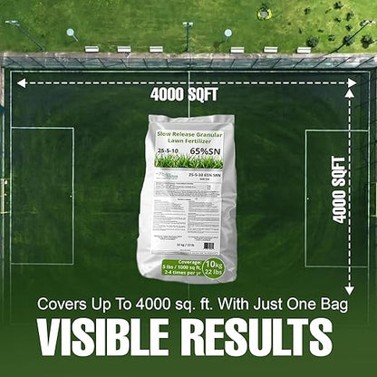 Slow Release Lawn Fertilizer 25-5-10 NPK - 65% Granular Nitrogen Formula for Deep Feeding up to 110 Days - 20kg (44lbs) Bag - Kid & Pet Safe Lawn Care for Lush Green Grass