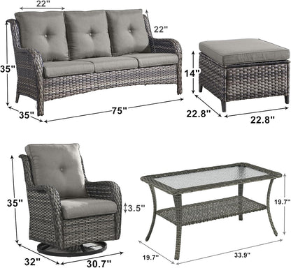 Outdoor Wicker Patio Furniture Set - 6 Piece Rattan Patio Conversation Set with 2 Rocking Swivel Chairs,2 Ottomans,1 Sofa and 1 Coffee Table for Porch Deck Backyard Garden(Mixed Grey/Grey)