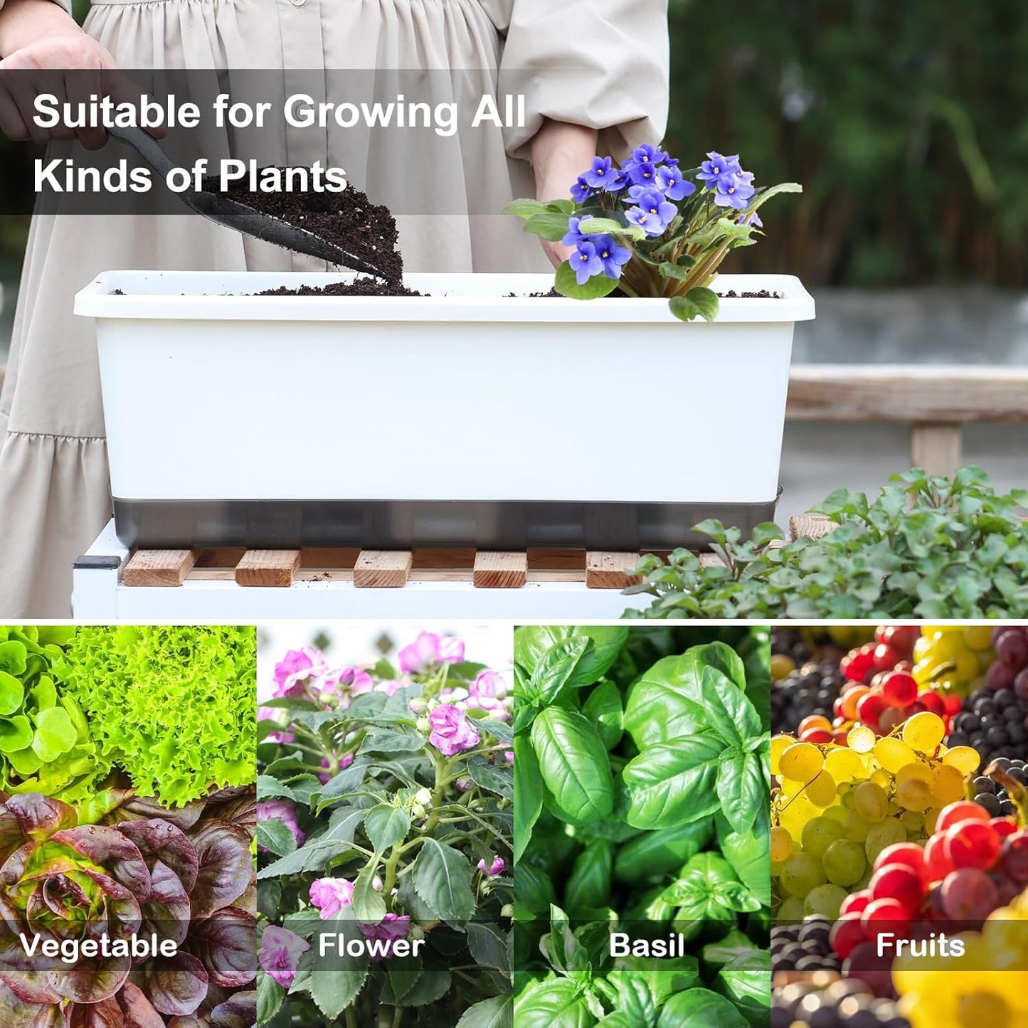 Window Box Planter 8 Pcs, 17 Inches Rectangle Flower Pots with Drainage Holes and Trays, Vegetable Planters for Windowsill Patio Garden Balcony Home Porch Yard Indoor Outdoor (White)