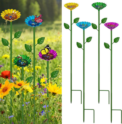 4 Pcs Metal Bee Watering Station for Garden - Height-Adjustable Bee & Butterfly Feeder with 20 Glass Marbles, Colorful Flower Design Bee Bath Bowl for Outdoor Yard Decor