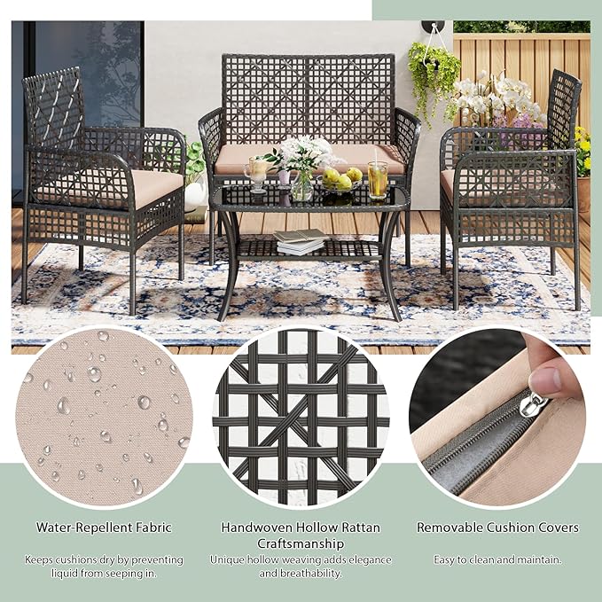 4-Piece Patio Furniture Set, Weather-Resistant Rattan Patio Conversation Set with Two-Tier Coffee Table, Upholstered Openwork Wicker Furniture for Porch, Garden, Lawn, Khaki