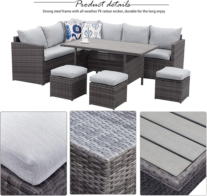 Wisteria Lane Outdoor Patio Furniture Set, 7 Piece Outdoor Dining Sectional Sofa with Dining Table and Chair, All Weather Wicker Conversation Set with Ottoman, Light Grey Cushion
