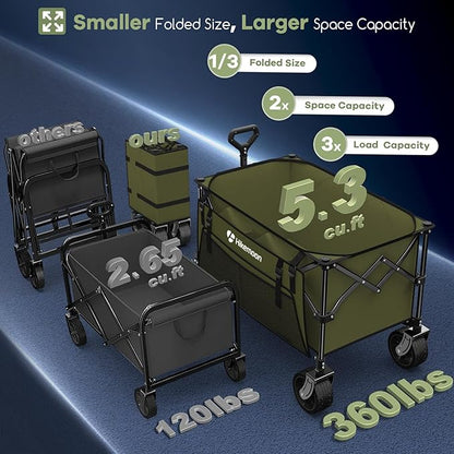 150L Collapsible Wagons Carts Foldable, 360LBS Heavy Duty Folding Beach Cart with Big All-Terrain Wheels, Portable Utility Wagon for Grocery, Shopping, Garden, Sports, Green