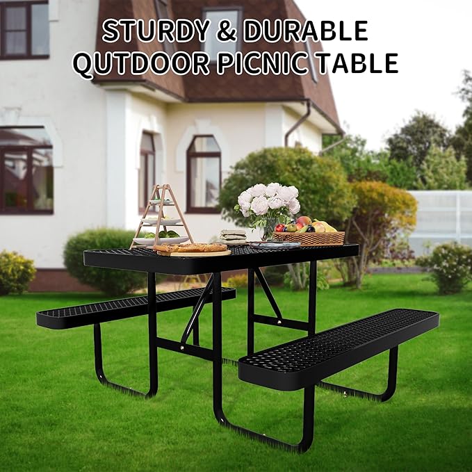 4FT Rectangular Steel Outdoor Picnic Table,Commercial Black Picnic Table Bench Set with Umbrella Hole, Weather-Resistant Heavy Duty School Dining Table for Patio, Garden, Backyard