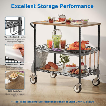 Leteuke Rolling Kitchen Carts with Wheels, 34" L x 17.5" W, 3-Tier Heavy Duty Utility Cart with Wood Tabletop, NSF Commercial Metal Serving Cart with Handle and Shelf Liner for Kitchen, Black