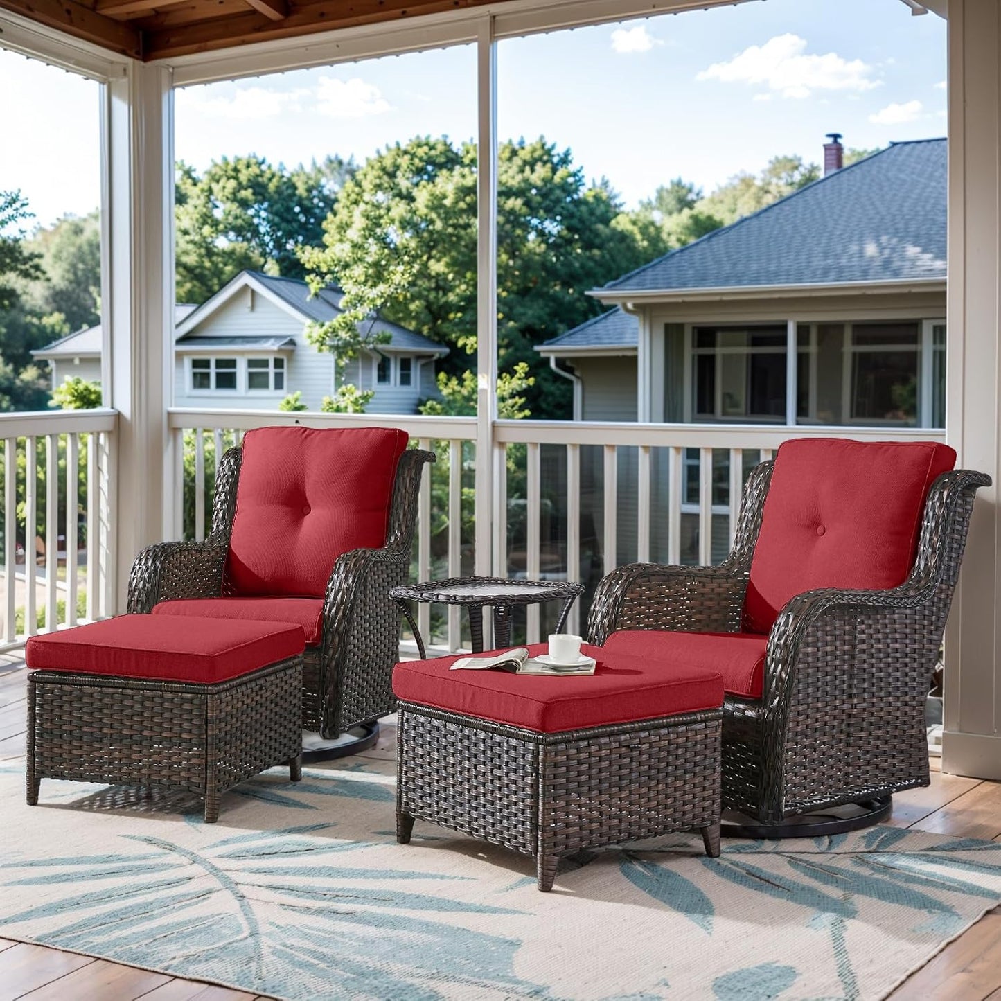 5 Pieces Patio Furniture Sets Wicker Outdoor Furniture, Rattan Patio Swivel Glider Chairs with 2 Ottoman and Glass Side Table