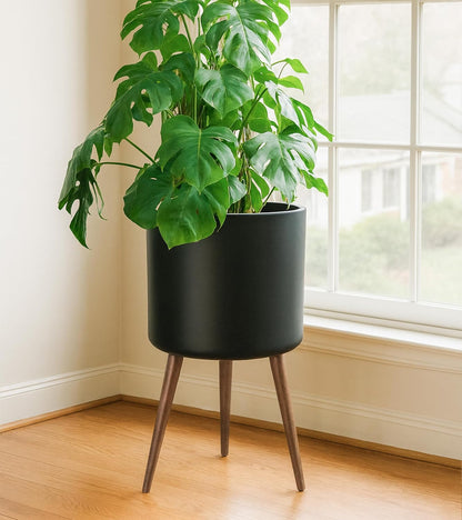 D'vine Dev 16 Inch Planter Pot with Stand, Mid-Century Tall Plant Pot with Legs for Indoor Plants, XX-Large, Black, 88-O-E-2