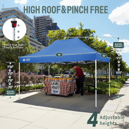 CROWN SHADES 10x15 Pop Up Canopy Tent, Thicken Frame Commercial Heavy Duty Tent, 8 Stakes & 4 Sandbags & 4 Ropes, Outdoor Canopies for Events, Parties,Blue