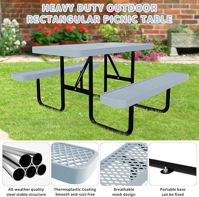 48'' Rectangular Steel Picnic Table for Outdoors,Commercial Metal Picnic Table Bench Set with Umbrella Hole,School Canteen Table W/Seats - Heavy Duty Sturdy Picnic Tables for Patio Garden