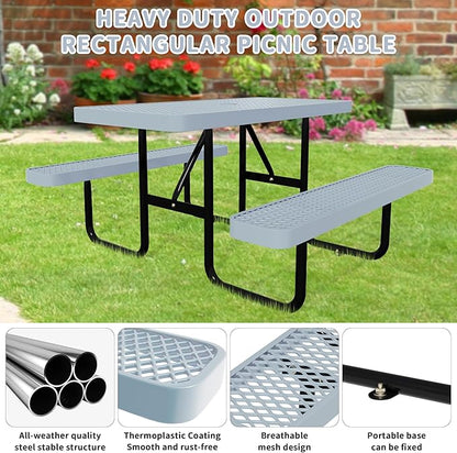 48'' Rectangular Steel Picnic Table for Outdoors,Commercial Metal Picnic Table Bench Set with Umbrella Hole,School Canteen Table W/Seats - Heavy Duty Sturdy Picnic Tables for Patio Garden