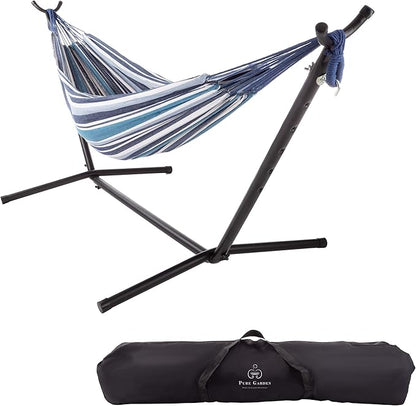 Pure Garden Double Brazilian Hammock with Stand– Woven Cotton, 2-Person, Outdoor Swing with Frame for Camping, Backyard or Patio (Blue Stripes)