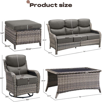 Wicker Outdoor Patio Furniture Set - 6 Piece Patio Conversation Sets with Swivel Rocker Chairs, Ottomans, Sofa and Coffee Table, 6 inch Cushions, Deep Seating, for Porch Deck Mixed Grey/Grey