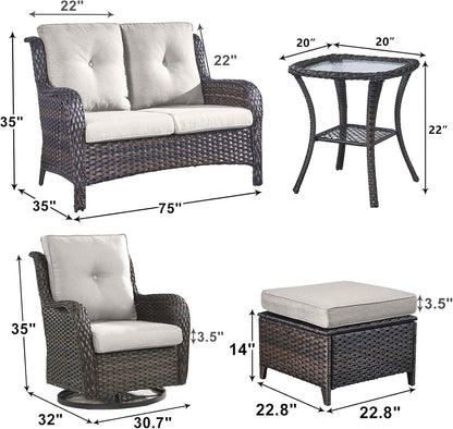 Outdoor Wicker Patio Furniture Set - 6 Piece Rattan Patio Conversation Set with 2 Rocking Swivel Chairs,2 Ottomans,1 Loveseat and 1 Side Table for Porch Deck Backyard Garden(Brown/Beige)