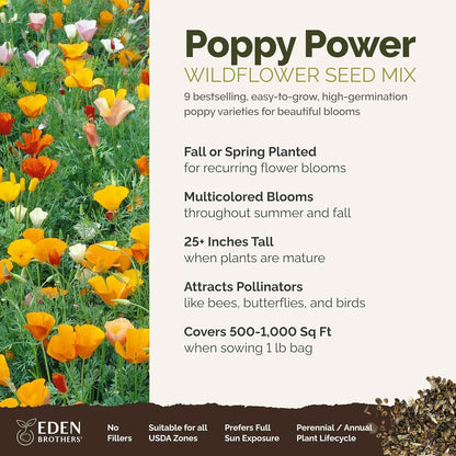 Eden Brothers Poppy Power Flower Mixed Seeds for Planting, 1 lb, 480,000+ Seeds with Red Corn, Iceland, California Poppy | Attracts Pollinators, Plant in Spring or Fall, Zones 3, 4, 5, 6, 7, 8, 9, 10